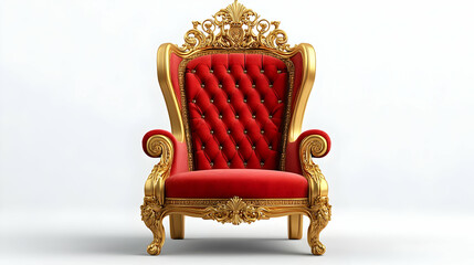 Red velvet throne chair, gold ornate frame, isolated background, power concept