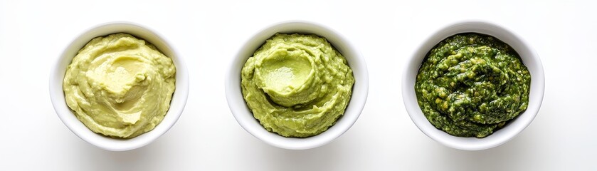 Wall Mural - Three green sauces in bowls, white background, food photography, recipe