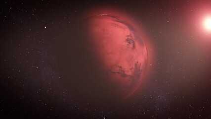 Wall Mural - A cosmic dawn on Mars.
The red surface of Mars is illuminated by the first rays of a brilliant sunrise, creating a mesmerizing contrast against the dark, star-filled sky.
