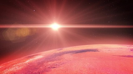 Wall Mural - A cosmic dawn on Mars.
The red surface of Mars is illuminated by the first rays of a brilliant sunrise, creating a mesmerizing contrast against the dark, star-filled sky.
