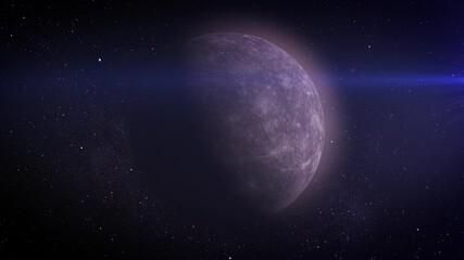 Wall Mural - The rocky surface of Mercury.
Mercury, the innermost planet, showcases its rugged, cratered surface, framed by the infinite darkness of space and twinkling stars.
