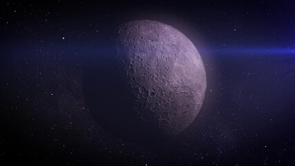 Wall Mural - The rugged surface of a distant moon.
A striking depiction of a moon with a rugged, cratered surface, softly illuminated in the darkness of deep space, framed by distant starlight.

