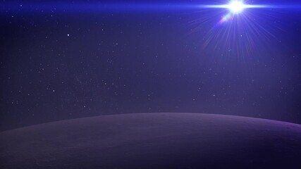 Wall Mural - Lunar surface under a radiant sun.
A serene view of the moon’s rugged terrain, softly illuminated by the warm glow of a distant sun, with a vast starry sky stretching beyond.

