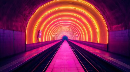 Wall Mural - Neon-Lit Train Tunnel Vibrant Pink and Orange Subway Platform