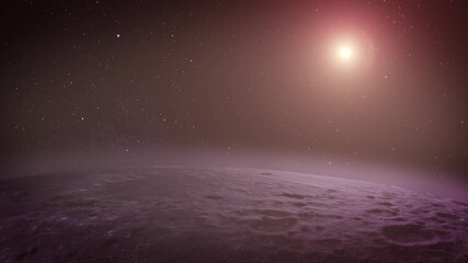 Wall Mural - Lunar surface under a radiant sun.
A serene view of the moon’s rugged terrain, softly illuminated by the warm glow of a distant sun, with a vast starry sky stretching beyond.
