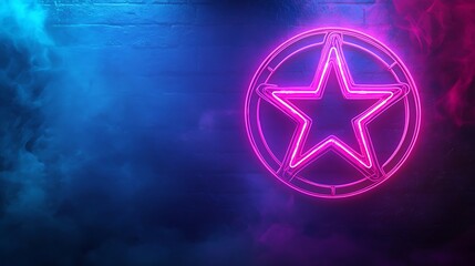 Canvas Print - Neon Pink Star Sign on Brick Wall with Blue and Purple Smoke