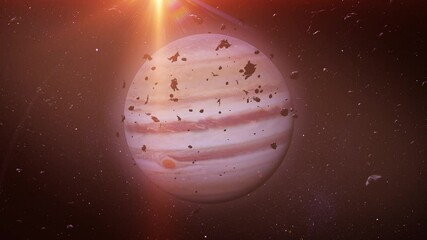 Wall Mural - Jupiter illuminated with asteroid activity.

Jupiter’s vibrant atmosphere glows under warm sunlight, surrounded by a dense field of asteroids and rocky meteors, creating a dynamic and cosmic scene.

