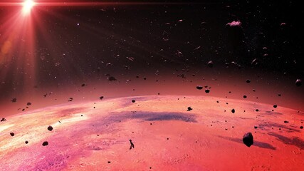 Wall Mural - A glowing red planet mars with asteroids.

A beautifully illuminated red planet with detailed surface textures, surrounded by floating asteroids and rock meteors, under the warm glow of cosmic light.
