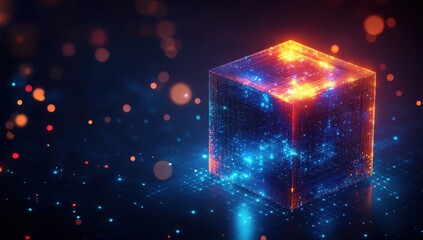 Abstract glowing cube design representing data visualization and digital technology with bright particles against a blurred dark background ideal for science and tech themes