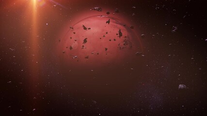 Wall Mural - A glowing red planet mars with asteroids.

A beautifully illuminated red planet with detailed surface textures, surrounded by floating asteroids and rock meteors, under the warm glow of cosmic light.
