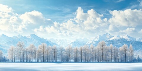 Wall Mural - Serene winter landscape with frosty trees in the foreground and majestic snow-capped mountains under a bright blue sky, ideal for seasonal themes