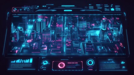 Wall Mural - futuristic cityscape interface with neon lights and digital elements