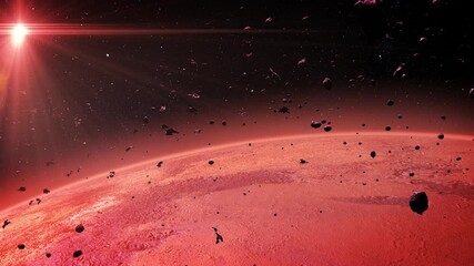 Wall Mural - A glowing red planet mars with asteroids.

A beautifully illuminated red planet with detailed surface textures, surrounded by floating asteroids and rock meteors, under the warm glow of cosmic light.
