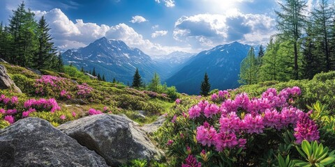 Wall Mural - Vibrant mountain landscape featuring blooming pink rhododendron flowers in the foreground with majestic mountains and blue sky in the background.