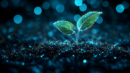 Poster - Glowing sprout in dark soil, bokeh background; growth concept