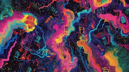 Vibrant Circuitry: A complex network of interconnected pathways with vivid, colorful lines and patterns