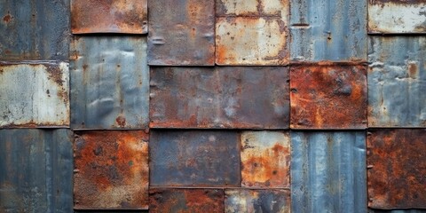 Poster - Rusty metal surface with a mosaic of bluish-gray and reddish-brown tones, featuring a textured pattern of overlapping metal sheets clearly visible.