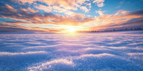 Aufkleber - Serene winter landscape at sunrise with soft snow texture in foreground and colorful sky blending orange and blue hues in background