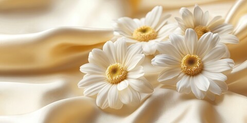Aufkleber - Elegant white daisies arranged on soft golden satin fabric, with gentle folds creating a serene background, evoking calmness and beauty.