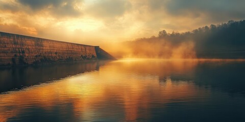 Aufkleber - Sunset over tranquil water reflecting golden and orange hues with fog rolling in and a dam structure on the left side amidst a serene landscape.