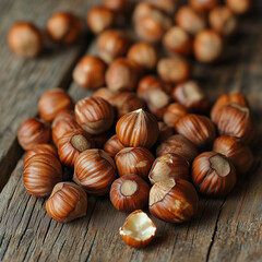 Wall Mural - Whole and Cracked Hazelnuts Scattered on a Rustic Wooden Table