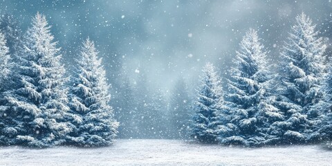 Aufkleber - Snowy fir trees stand tall in a winter wonderland, surrounded by gentle falling snow on a serene blue-gray background, creating a tranquil scene.