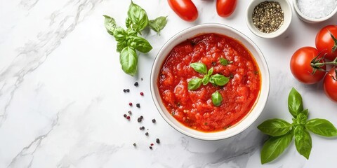 Poster - Vibrant tomato sauce in a white bowl garnished with fresh basil leaves on a marble table surrounded by ripe tomatoes and spices in small bowls
