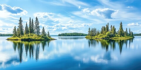 Aufkleber - Lush green islands surrounded by calm blue waters under a vibrant sky with fluffy white clouds reflecting in the serene lake atmosphere