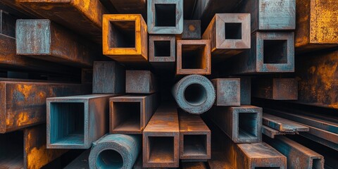 Poster - Rusty metal pipes and square tubes stacked in various orientations creating an abstract industrial pattern with brown and gray tones.