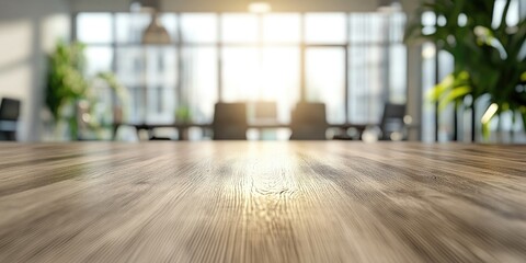 Leinwandbilder - Bright sunlit wooden tabletop in focus with a blurred modern office setting in the background showcasing plants and glass windows.