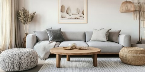 Aufkleber - Modern minimalist living room with a light gray sofa, wooden coffee table, textured poufs, art print, and soft natural light from large windows.
