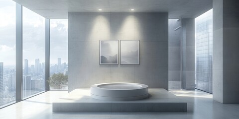 Aufkleber - Modern minimalist bathroom featuring a round bathtub on a raised platform with large windows showcasing a city skyline in soft gray tones.