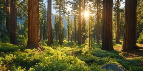 Aufkleber - Sunlit forest scene with towering green sequoia trees, golden sunlight streaming through branches, vibrant green undergrowth and shadows.