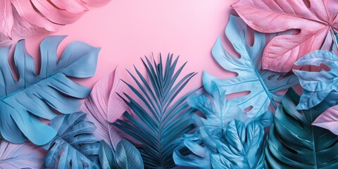 Leinwandbilder - Soft pastel pink and blue background showcases an artistic flat lay of vibrant tropical leaves arranged elegantly for a refreshing visual appeal.