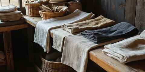 Fototapete - Linen and burlap fabric textures neatly folded on rustic wooden shelves with woven baskets in a cozy warm-toned interior setting.