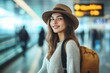 © 怡如 柯 - Happy Asian woman wearing a hat and glasses holding a ticket and passport with a yellow backpack waiting at the airport terminal