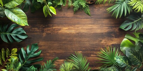 Poster - Lush green tropical plants frame a rustic wooden background creating a natural, vibrant atmosphere with rich greens contrasted by warm browns.