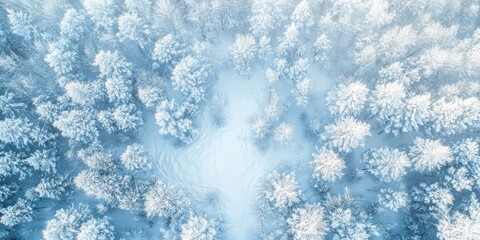 Aufkleber - Aerial view of a serene winter forest blanketed in snow with frosted trees creating a tranquil atmosphere captured by a drone in soft blue tones