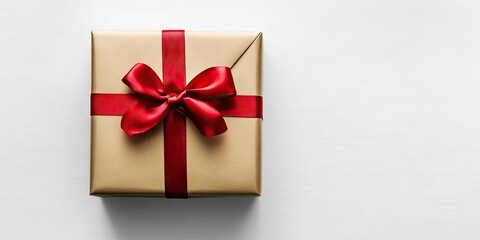 Poster - Golden gift box wrapped with a red ribbon positioned centrally on a clean white background creating ample space for creative ideas and designs.