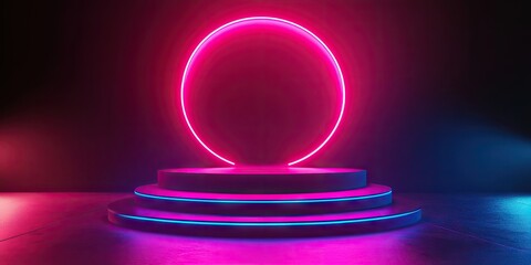 Aufkleber - Neon illuminated podium with a circular light backdrop, featuring vibrant pink and blue colors, centered in a dark, minimalist studio setting.