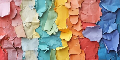 Poster - Colorful torn paper collage backdrop with vibrant sections of red, orange, yellow, green, blue, and pink arranged vertically for a textured effect.