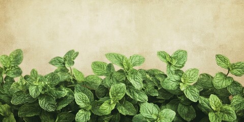 Poster - Vibrant green mint leaves in the foreground with a textured beige paper background creating a natural and rustic look for gardening themes