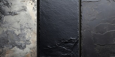 Poster - Textured slate and chalkboard surfaces in varying shades of gray; three distinct panels showcasing unique design possibilities in an artistic arrangement.
