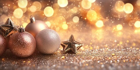 Poster - New Year festive scene with rose gold and silver ornaments, golden star, and glowing bokeh against a shimmering background of warm tones.