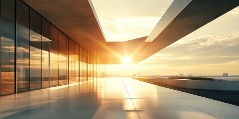 Aufkleber - Modern architectural building with large glass windows reflecting sunset hues of orange and yellow, spacious terrace leading into serene horizon.