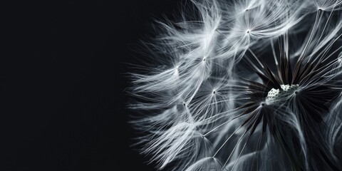 Poster - Monochromatic dandelion seed head on black background showcasing delicate white filaments and dark central structure, detailed close-up composition.