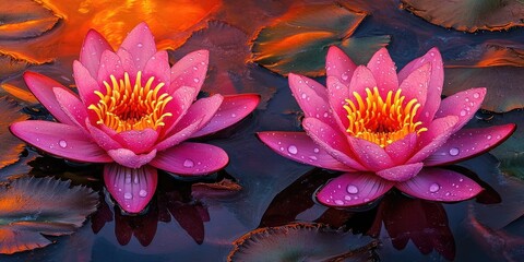 Poster - Two vibrant pink water lilies with yellow centers, surrounded by green lily pads, illuminated by a warm orange and gold background.