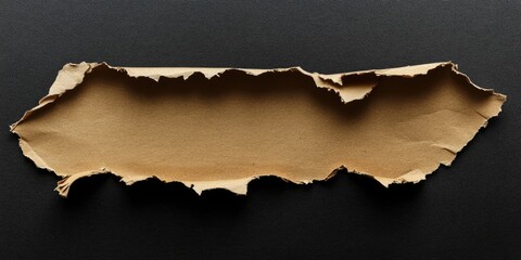 Leinwandbilder - Ripped beige cardboard fragment with jagged edges positioned at the center against a smooth black background creating a stark contrast.