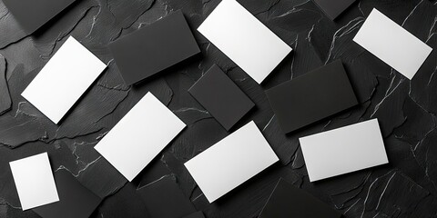 Poster - Minimalist composition of blank black and white business cards laid on a textured dark slate background with subtle marbling details centered throughout.