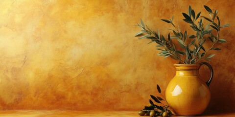 Leinwandbilder - Vibrant yellow backdrop with textured surface featuring a rustic yellow jug filled with green olive branches and olives arranged elegantly in the foreground.